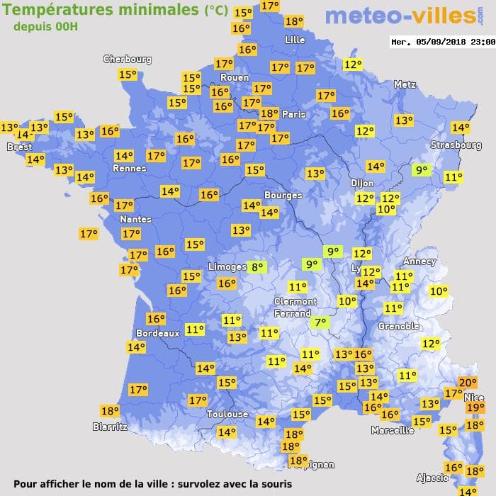 Températures minimales (°C) depuis 00h