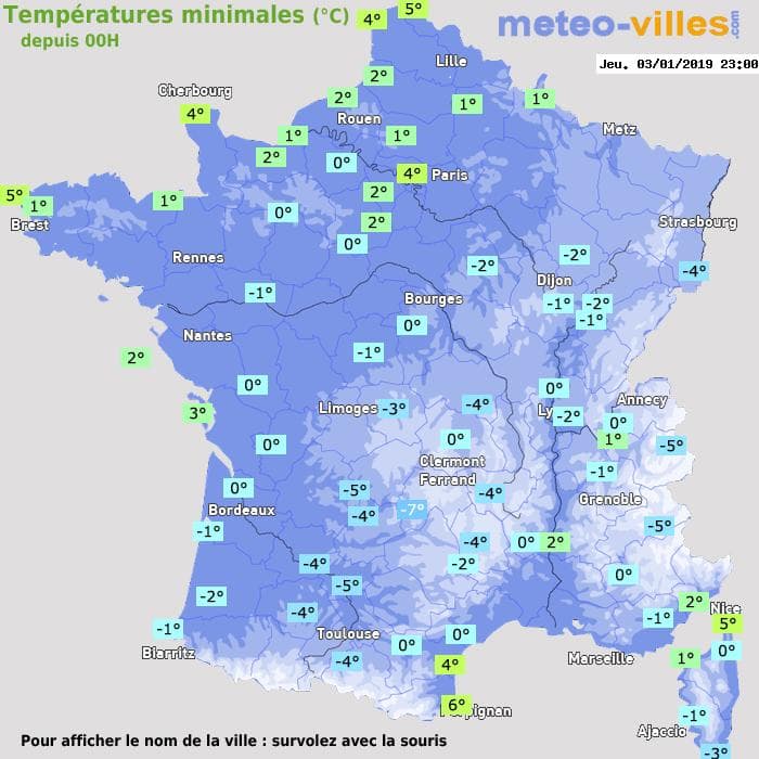 Températures minimales (°C) depuis 00h