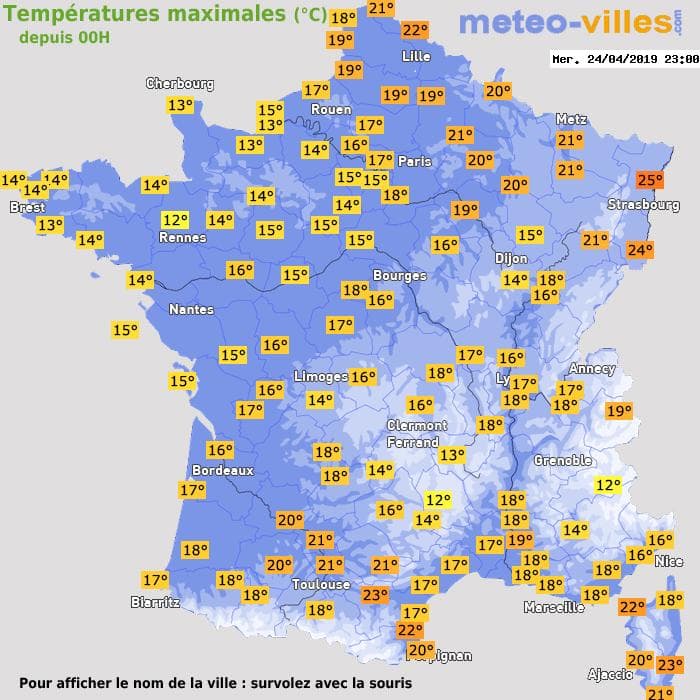 Températures maximales (°C) depuis 00h