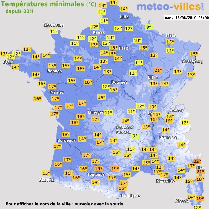 Températures minimales (°C) depuis 00h