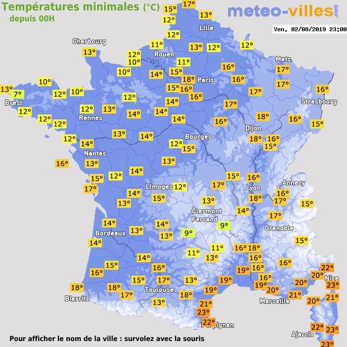 Températures minimales (°C) depuis 00h
