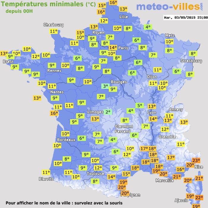 Températures minimales (°C) depuis 00h