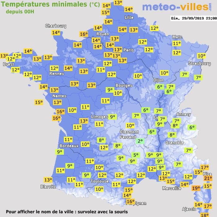 Températures minimales (°C) depuis 00h