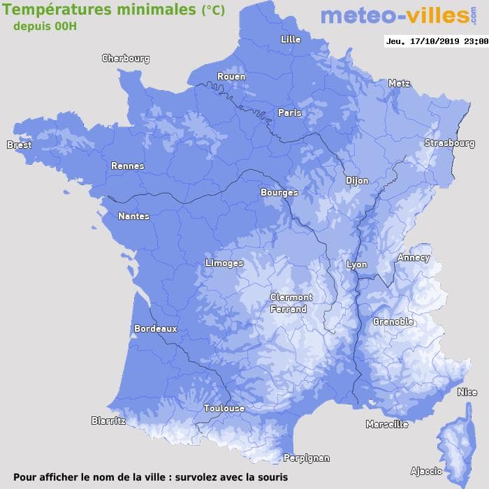 Températures minimales (°C) depuis 00h