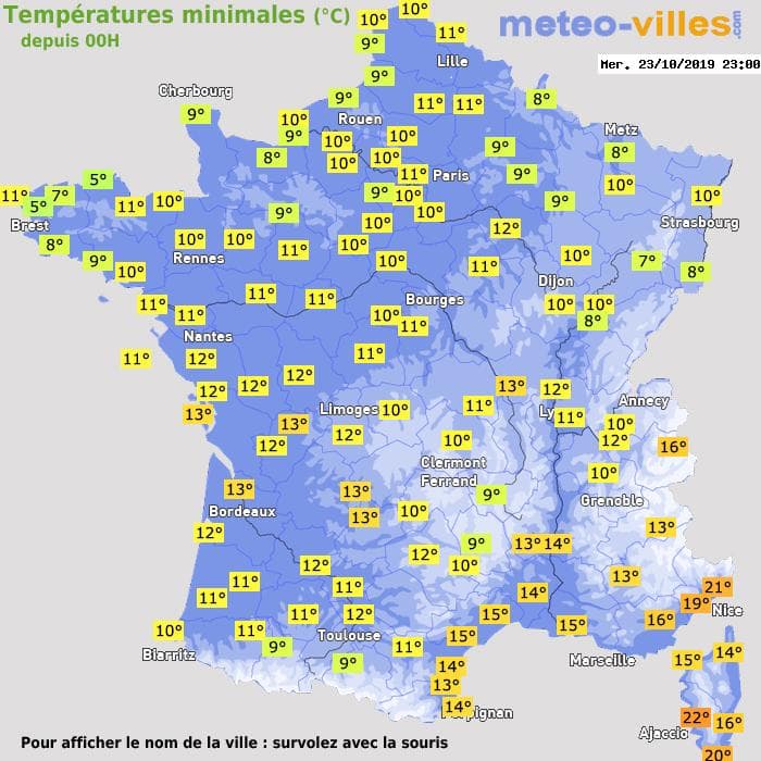 Températures minimales (°C) depuis 00h