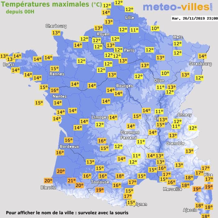 Températures maximales (°C) depuis 00h