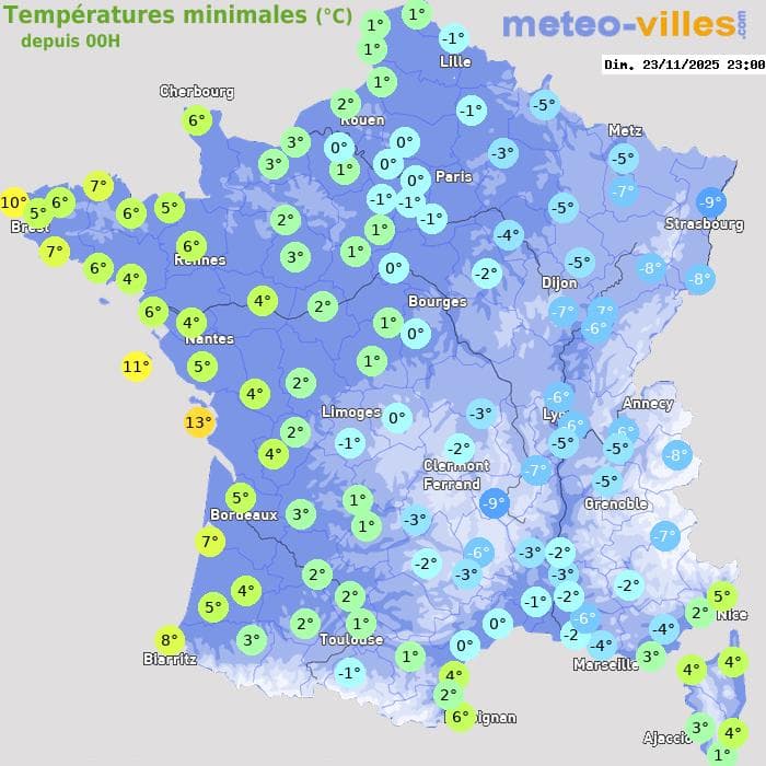 Températures minimales (°C) depuis 00h
