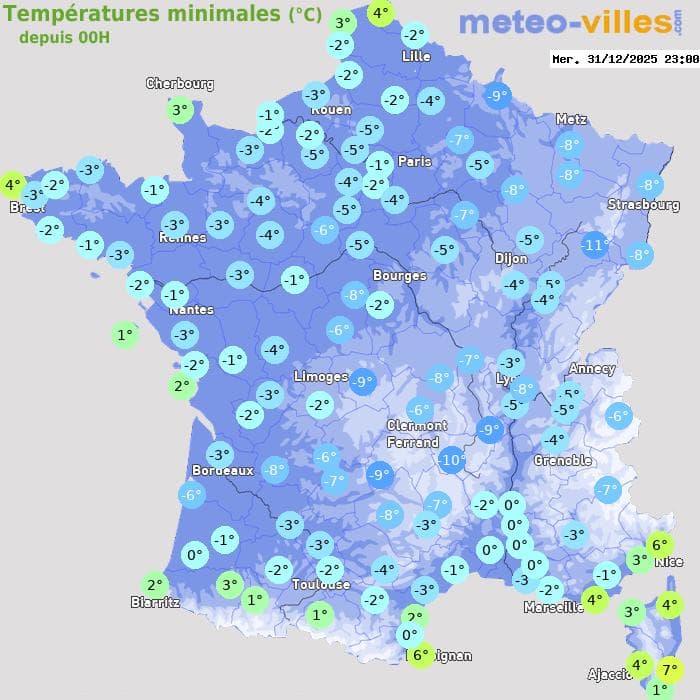 Températures minimales (°C) depuis 00h