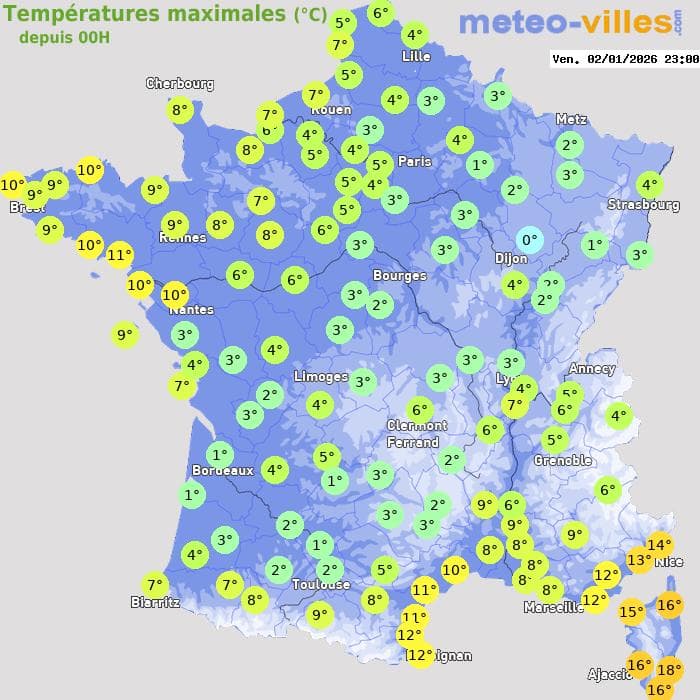 Températures maximales (°C) depuis 00h