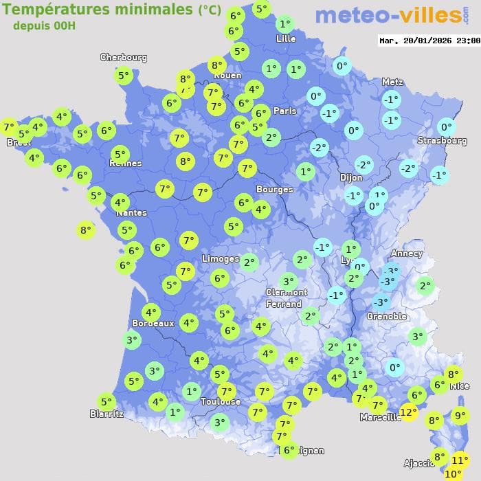 Températures minimales (°C) depuis 00h