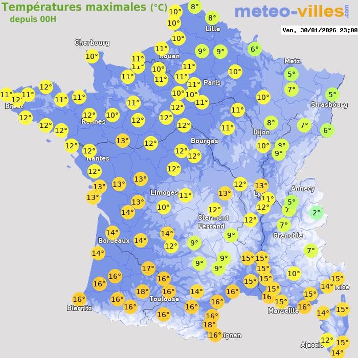 Températures maximales (°C) depuis 00h