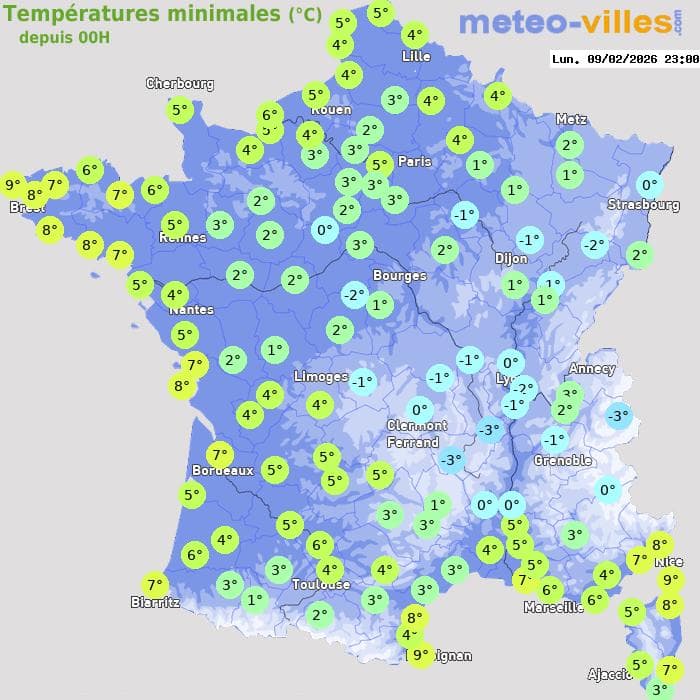 Températures minimales (°C) depuis 00h