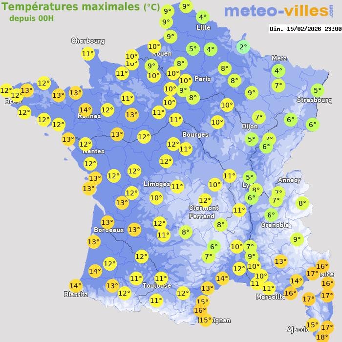 Températures maximales (°C) depuis 00h