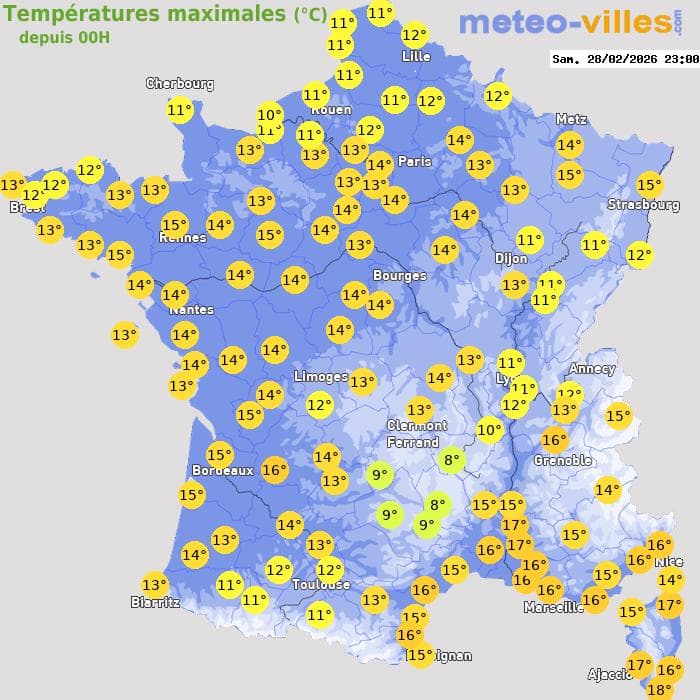 Températures maximales (°C) depuis 00h