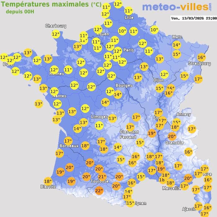 Températures maximales (°C) depuis 00h