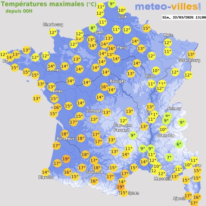 Températures maximales (°C) depuis 00h