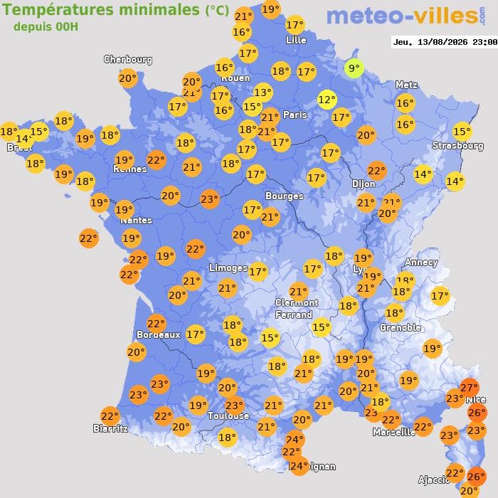 Températures minimales (°C) depuis 00h