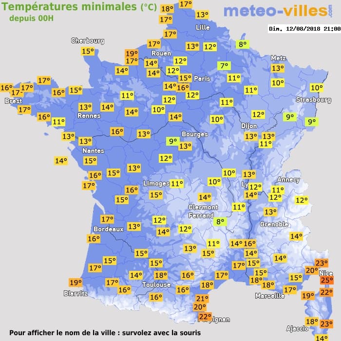 Températures minimales (°C) depuis 00h