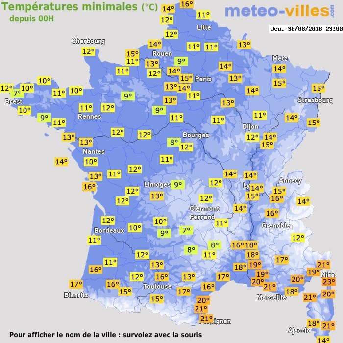 Températures minimales (°C) depuis 00h
