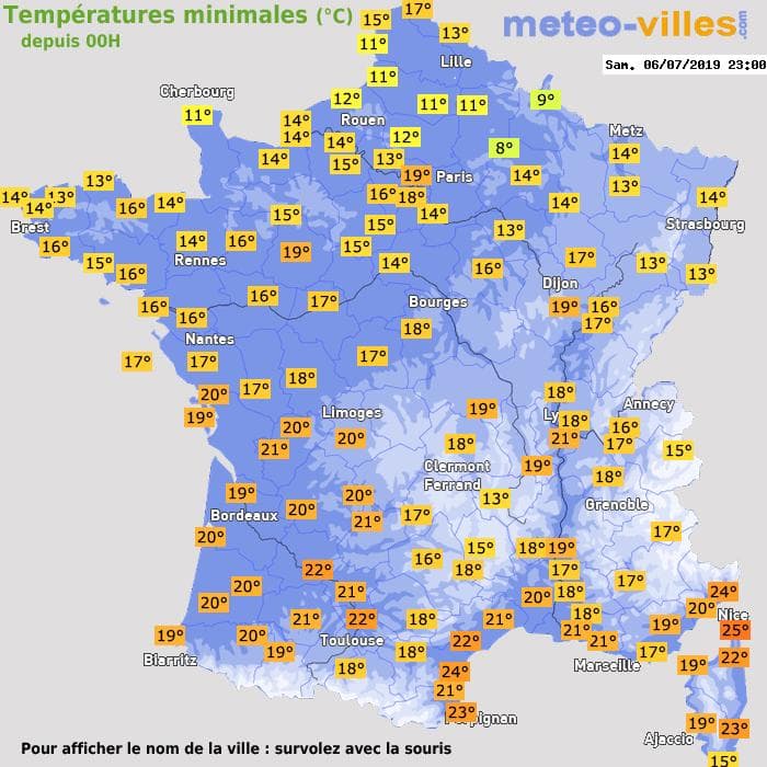 Températures minimales (°C) depuis 00h