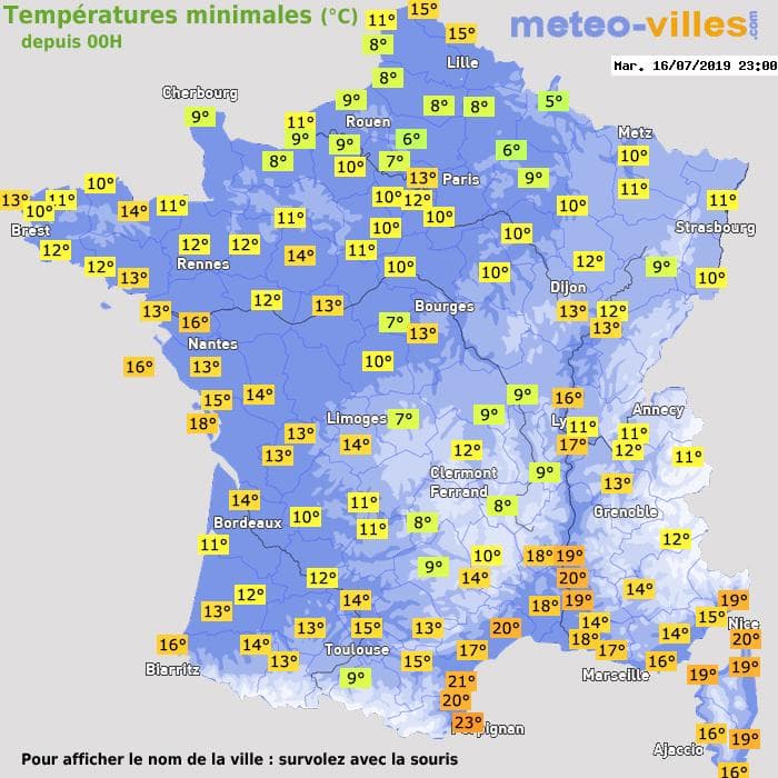 Températures minimales (°C) depuis 00h