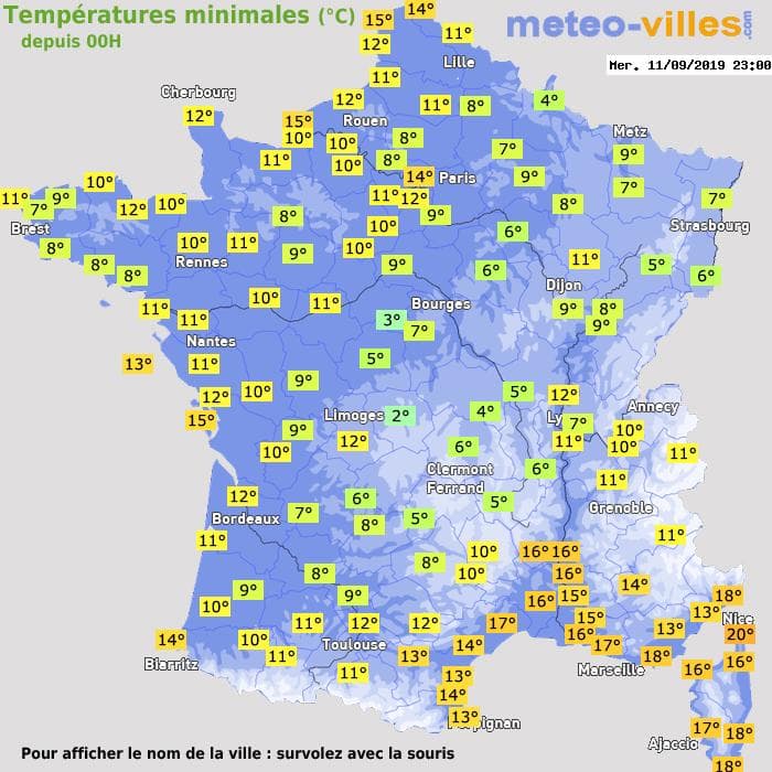 Températures minimales (°C) depuis 00h