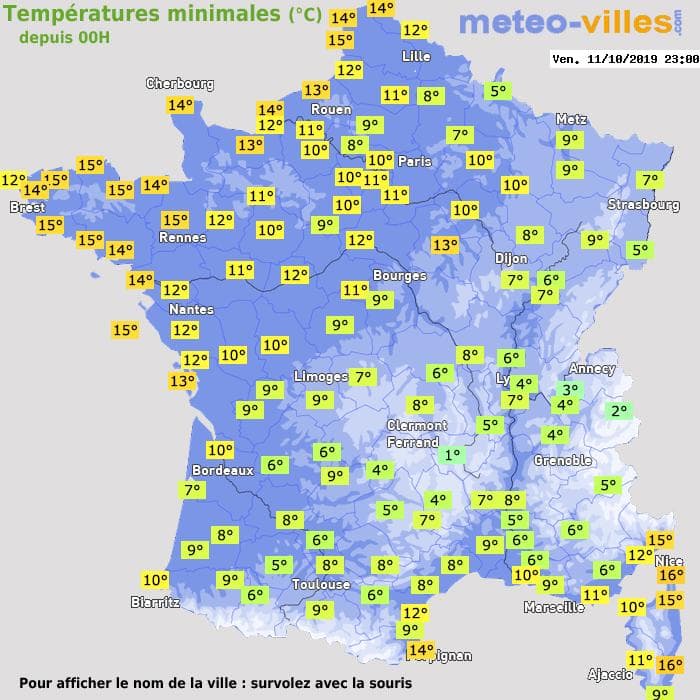 Températures minimales (°C) depuis 00h