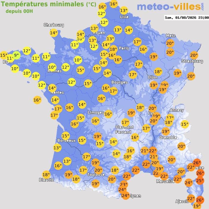 Températures minimales (°C) depuis 00h