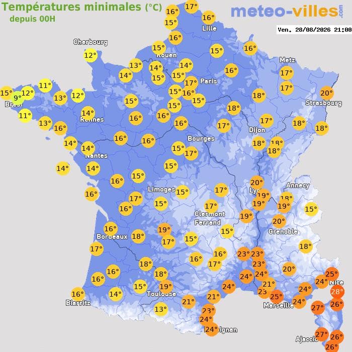 Températures minimales (°C) depuis 00h
